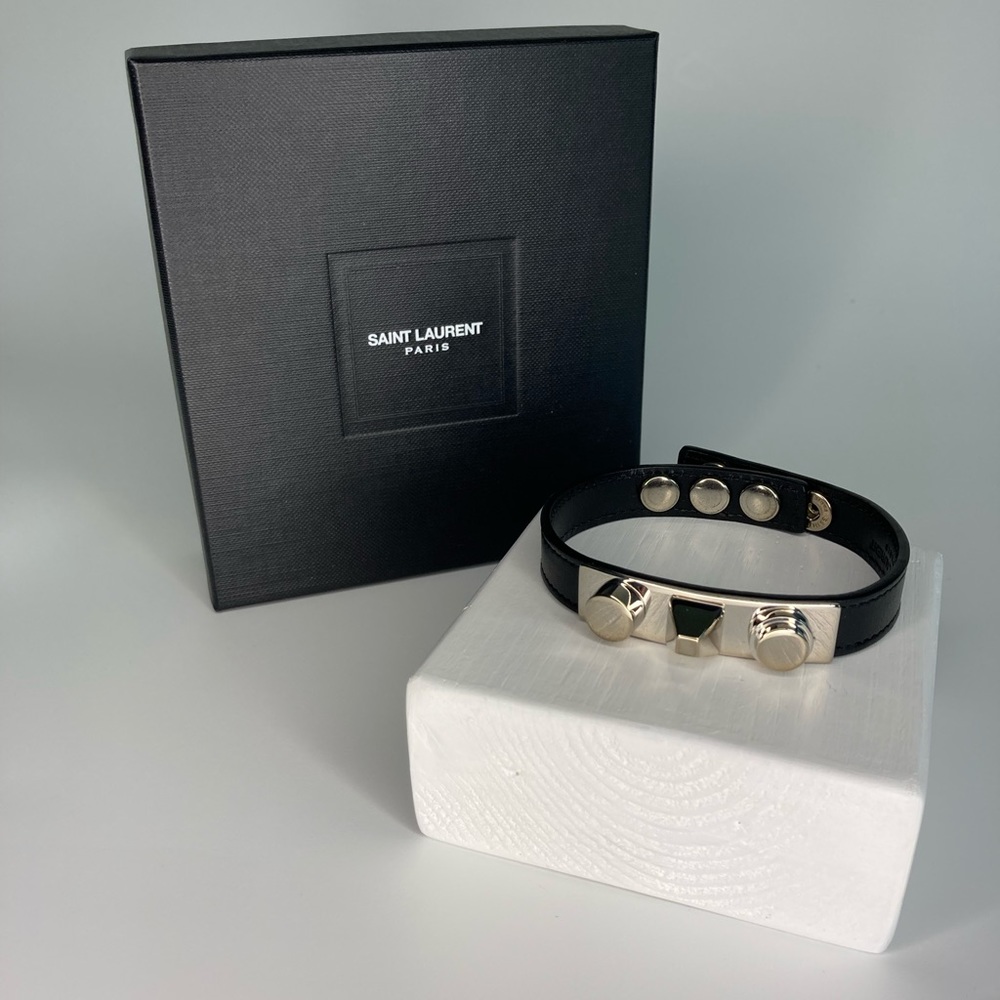 Saint Laurent Black and Silver Leather Wrap Bracelet